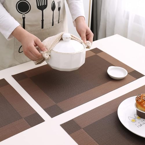 Ramkuwar Modern Dining Table Runner with Placemats Set of 7 Heat Resistant Non-Slip Washable Woven PVC Table Mats for Kitchen, Parties and Home Decor – Brown (1 Runner + 6 Placemats) - Image 4