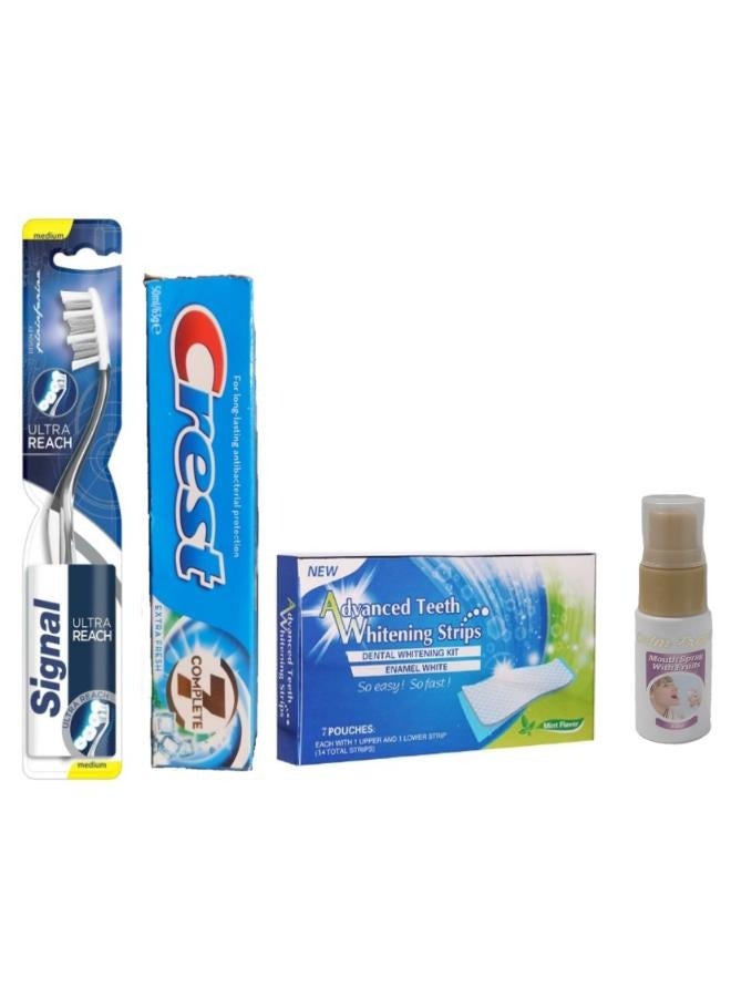Sensodyne Set of 4 (Signal Toothbrush Ultra Reach Medium Multicolour , Crest Complete 7 Extra Fresh 50 Ml  ,Rako Advanced Teeth Whitening Strips 7 Pouches And Calm Fresh Mouth Spray With Fruits ) - Image 1