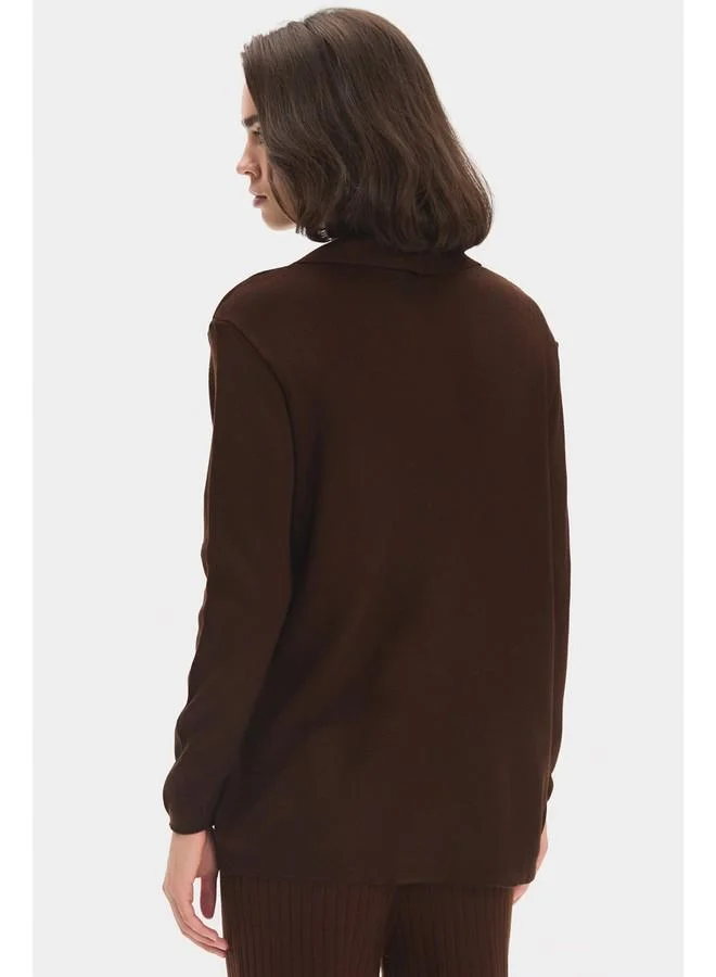 جون June Women V-Neck Single Button Cardigan Brown