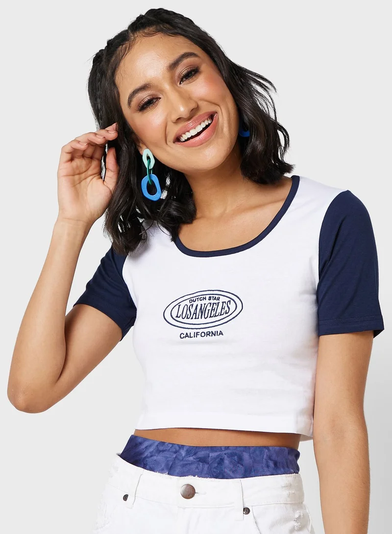 جينجر Contrast Ringer Detail Embroidered Tshirt