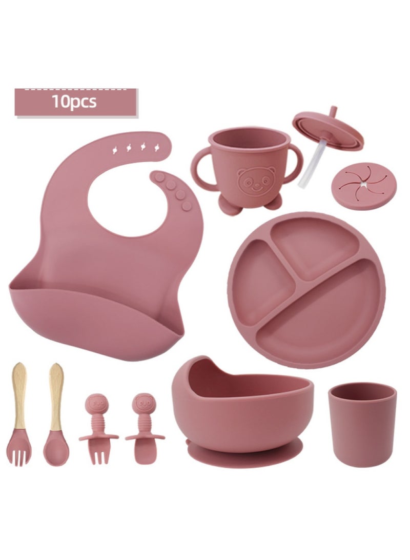 Premium Rose 10 Piece Weaning Feeding Supplies for Toddlers! Bib+Plate+Suction Silicone Baby Bowls! Self Eating Utensils Set with Spoons, Bibs, Plate, Toddlers Spoon Set! Set of 10! - Image 1