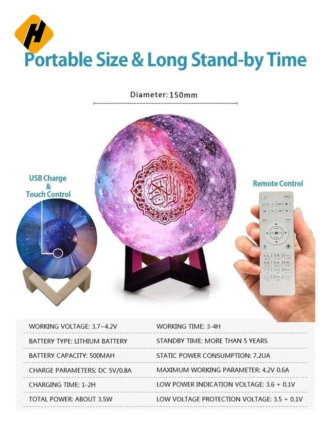 HuHa Portable Quran speaker LED night light, 16-color 3D printing LED Galaxy Moon light, Bluetooth, Micro SD remote control speaker, Quran chanting, FM radio (ELT-GLOBE-04) - Image 3