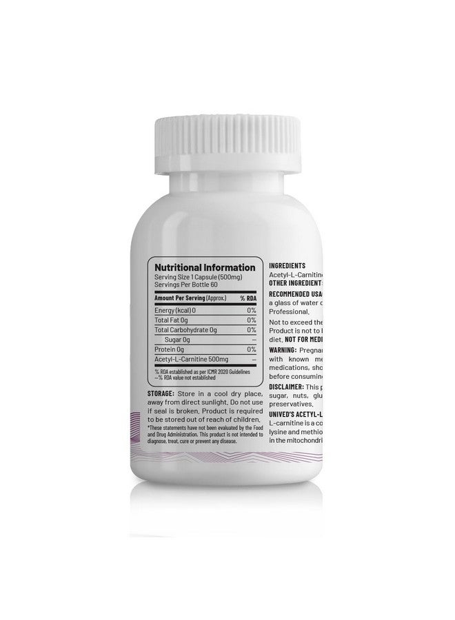 Unived Acetyl L-Carnitine 500mg | Supercharges Brain Function, Fat Loss, & Reaction Time. | Single Ingredient, Flavorless & Caffeine Free | 60 Vegan Capsules - Image 2