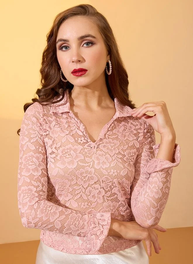 globus Globus Pink Open Collar Floral Lace Top