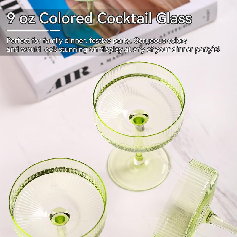 Cyrelwing Green Vintage Art Deco Coupe Glasses Set of 6-9 oz Pale Green Ribbed martini Glasses|Vintage Cocktail Glasses Set,Unique Light green Coupe Glass - Image 4