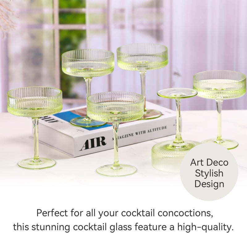 Cyrelwing Green Vintage Art Deco Coupe Glasses Set of 6-9 oz Pale Green Ribbed martini Glasses|Vintage Cocktail Glasses Set,Unique Light green Coupe Glass - Image 2