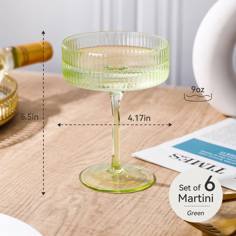 Cyrelwing Green Vintage Art Deco Coupe Glasses Set of 6-9 oz Pale Green Ribbed martini Glasses|Vintage Cocktail Glasses Set,Unique Light green Coupe Glass - Image 5