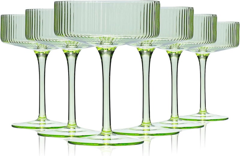 Cyrelwing Green Vintage Art Deco Coupe Glasses Set of 6-9 oz Pale Green Ribbed martini Glasses|Vintage Cocktail Glasses Set,Unique Light green Coupe Glass - Image 1