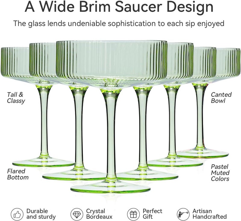 Cyrelwing Green Vintage Art Deco Coupe Glasses Set of 6-9 oz Pale Green Ribbed martini Glasses|Vintage Cocktail Glasses Set,Unique Light green Coupe Glass - Image 3