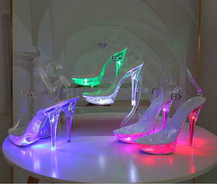 Nightclub Super High Heels Luminous Stiletto Heel Platform Sandals Transparent Model Crystal Shoes Wedding Shoes 34-43 - Image 2