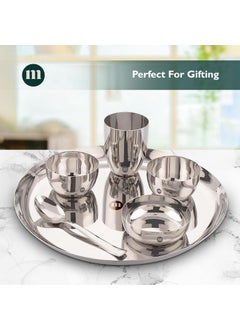 MARU MARU 6 Pieces Stainless Steel Dinner Set | Steel bartan Set for Kitchen | 1 Thali, 1 Halwa Plate, 2 Bowls, 1 Glass, 1 Spoon Steel Dinner Set of 6 - Silver (Size 13, 6pcs)  - Image 5