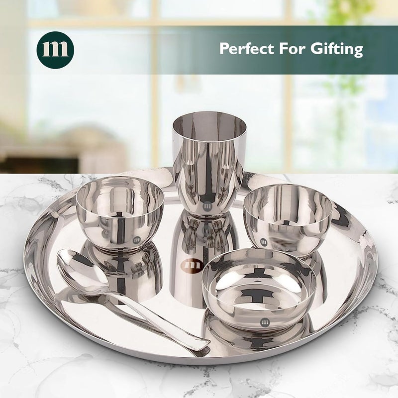 MARU 6 Pieces Stainless Steel Dinner Set | Steel bartan Set for Kitchen | 1 Thali, 1 Halwa Plate, 2 Bowls, 1 Glass, 1 Spoon Steel Dinner Set of 6 - Silver (Size 13, 6pcs) - Image 5