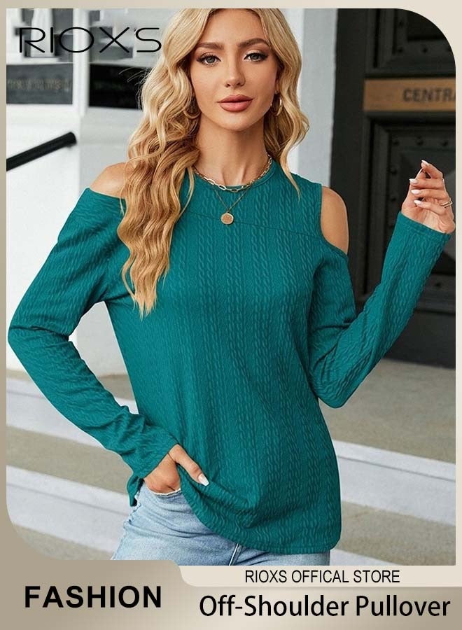ريوكس قمصان نسائية بأكمام طويلة وكتفين مكشوفين، تي شيرت كاجوال فضفاض برقبة مستديرة، بلوزات ناعمة ومريحة بألوان صلبة، بلوزة ربيعية خريفية قابلة للتنفس للاستخدام اليومي، للعمل، للخروج، للعطلات، للإجازات، للترفيه والمزيد، أخضر طاووس - Image 1