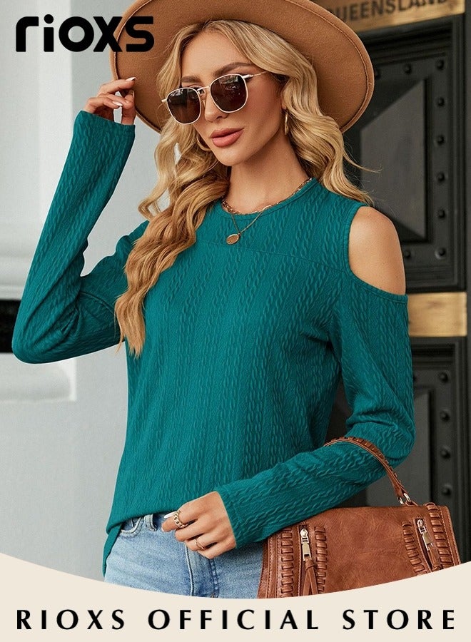 ريوكس قمصان نسائية بأكمام طويلة وكتفين مكشوفين، تي شيرت كاجوال فضفاض برقبة مستديرة، بلوزات ناعمة ومريحة بألوان صلبة، بلوزة ربيعية خريفية قابلة للتنفس للاستخدام اليومي، للعمل، للخروج، للعطلات، للإجازات، للترفيه والمزيد، أخضر طاووس - Image 5