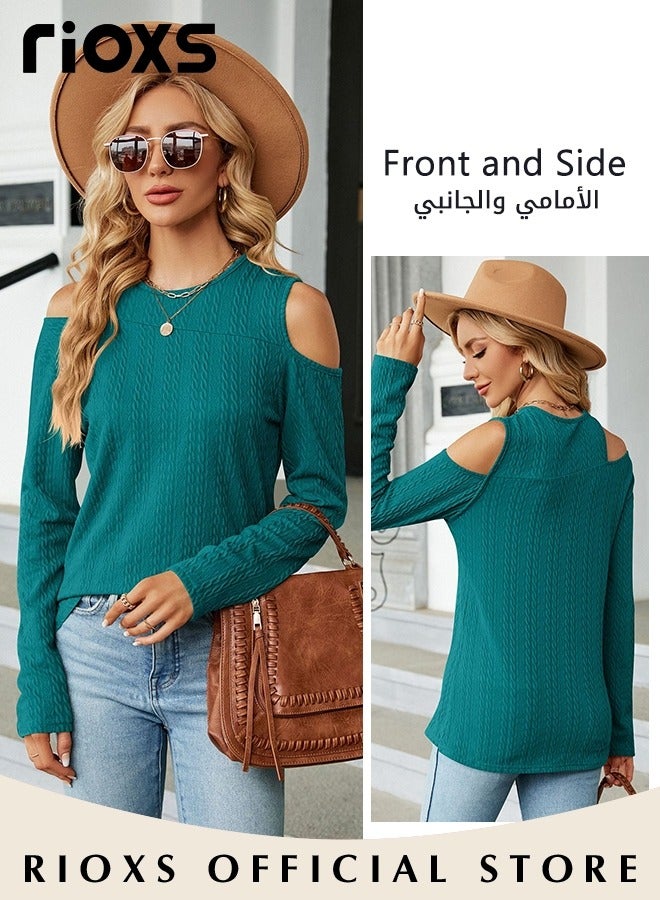 ريوكس قمصان نسائية بأكمام طويلة وكتفين مكشوفين، تي شيرت كاجوال فضفاض برقبة مستديرة، بلوزات ناعمة ومريحة بألوان صلبة، بلوزة ربيعية خريفية قابلة للتنفس للاستخدام اليومي، للعمل، للخروج، للعطلات، للإجازات، للترفيه والمزيد، أخضر طاووس - Image 3