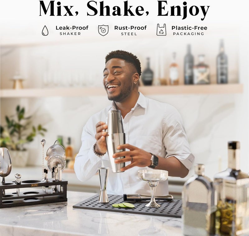 Bare Barrel ® Mixology Bartender Kit Bar Set | 16-Piece Cocktail Shaker Set | Martini Barware Mixing Tools for Home Bartending | Incl. 35 Recipe Cards | Gift Set (28oz Boston Shaker, Silver/Black) - Image 3