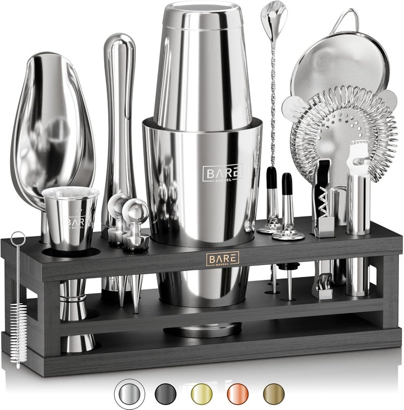 Bare Barrel ® Mixology Bartender Kit Bar Set | 16-Piece Cocktail Shaker Set | Martini Barware Mixing Tools for Home Bartending | Incl. 35 Recipe Cards | Gift Set (28oz Boston Shaker, Silver/Black) - Image 1