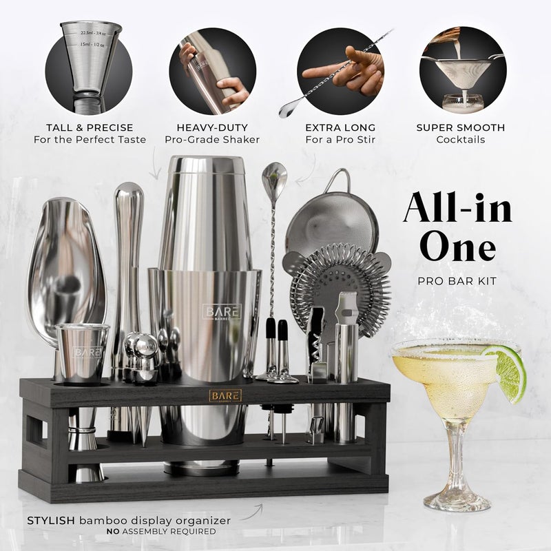 Bare Barrel ® Mixology Bartender Kit Bar Set | 16-Piece Cocktail Shaker Set | Martini Barware Mixing Tools for Home Bartending | Incl. 35 Recipe Cards | Gift Set (28oz Boston Shaker, Silver/Black) - Image 2