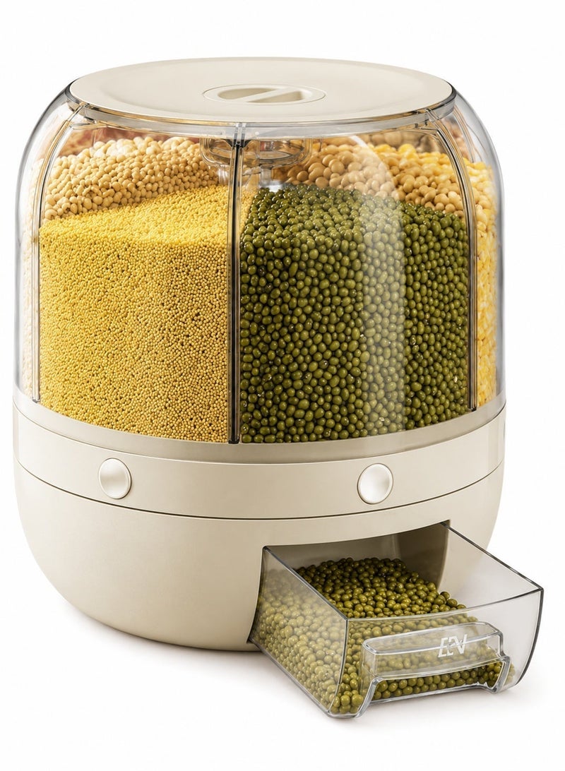 GOOGO 6 Grid Rotating Food Dispenser - 360° Round Bucket Sealed Grain Container - Transparent Rice Kitchen Storage Containers - White Dry Food Fruit Storage Box for Home Kitchen Organiser - Image 1