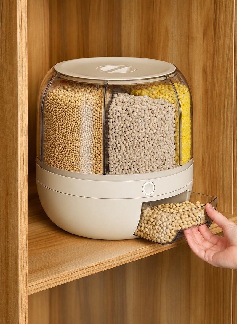 GOOGO 6 Grid Rotating Food Dispenser - 360° Round Bucket Sealed Grain Container - Transparent Rice Kitchen Storage Containers - White Dry Food Fruit Storage Box for Home Kitchen Organiser - Image 4