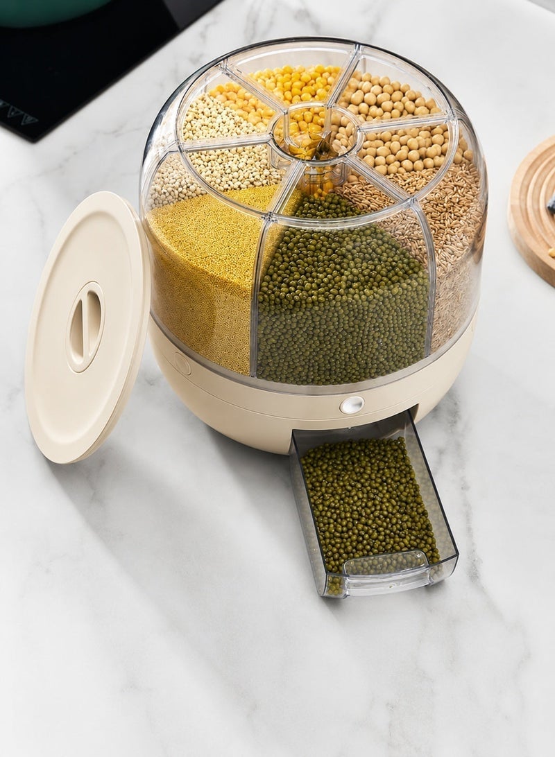 GOOGO 6 Grid Rotating Food Dispenser - 360° Round Bucket Sealed Grain Container - Transparent Rice Kitchen Storage Containers - White Dry Food Fruit Storage Box for Home Kitchen Organiser - Image 5