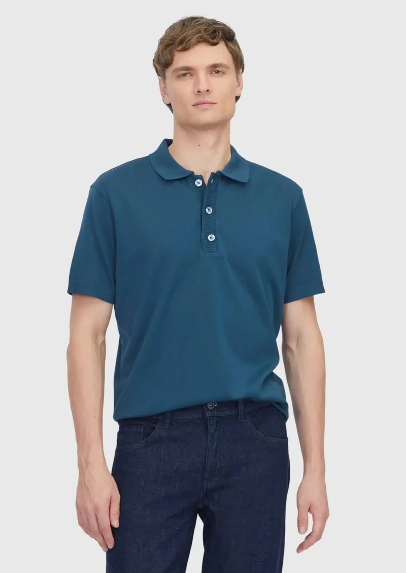 RAMSEY Petrol Blue Plain Polo Neck 100% Cotton T-Shirt