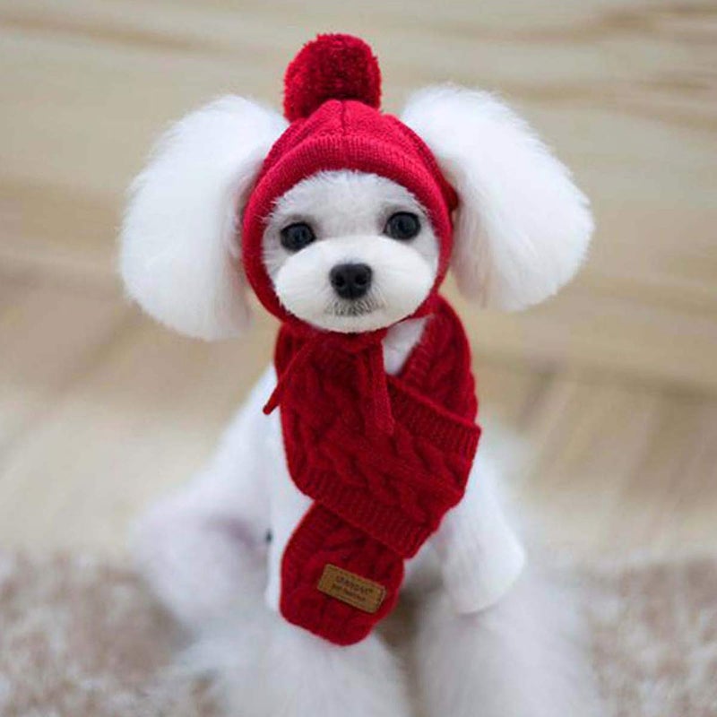 Lobagve Van Caro Knitted Doggie Scarf and Hat Set Puppy Dogs Cats Fall Winter Outfits (Red) - Image 5