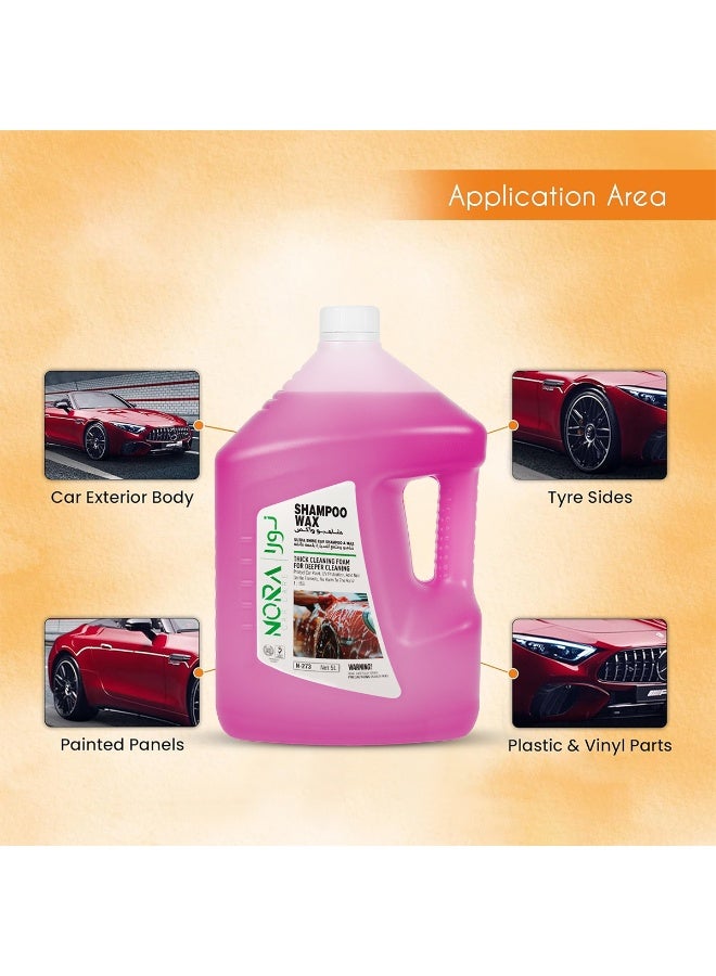 Nora Car Shampoo Wax 5L Pink – Ultra Shine Car Wash Soap with Thick Foaming Formula, pH Balanced, Colour Safe, Boosts Wax Protection, Deep Cleaning for Exterior, Tyres, Plastic & Painted Surfaces N-273 - Image 3