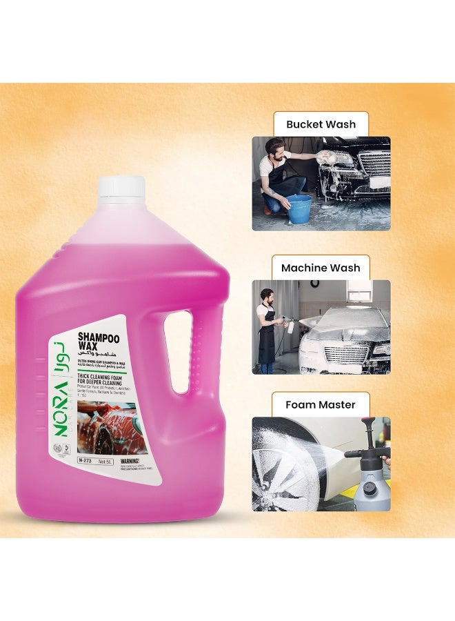 Nora Car Shampoo Wax 5L Pink – Ultra Shine Car Wash Soap with Thick Foaming Formula, pH Balanced, Colour Safe, Boosts Wax Protection, Deep Cleaning for Exterior, Tyres, Plastic & Painted Surfaces N-273 - Image 4