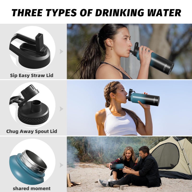 WATERSY 40oz Insulated Water Bottle (Cold for 48 Hrs),BPA Free&Leak Proof,Stainless Steel Water Flask,Water Jug with Straw Spout Lids for Gym,Hiking,Travel,Black Blue - Image 3