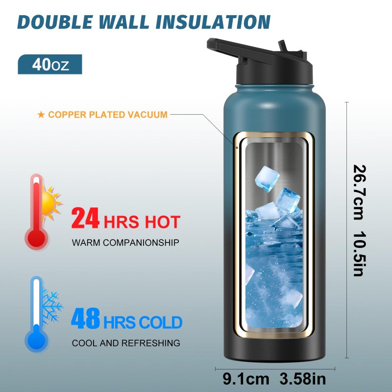 WATERSY 40oz Insulated Water Bottle (Cold for 48 Hrs),BPA Free&Leak Proof,Stainless Steel Water Flask,Water Jug with Straw Spout Lids for Gym,Hiking,Travel,Black Blue - Image 2