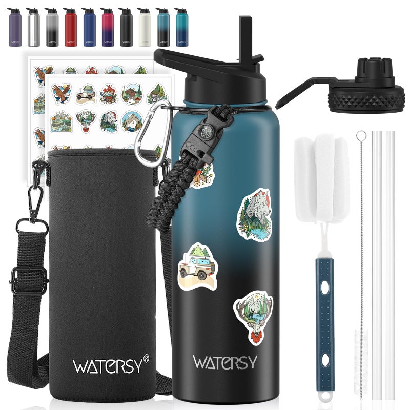 WATERSY 40oz Insulated Water Bottle (Cold for 48 Hrs),BPA Free&Leak Proof,Stainless Steel Water Flask,Water Jug with Straw Spout Lids for Gym,Hiking,Travel,Black Blue - Image 1