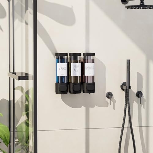 VITVITI Shampoo and Conditioner Dispenser for Shower Wall, Shower Soap Dispenser 3 Chamber No Drill Wall Mounted, 10.2 OZ Plastic Refillable Shower/Body Wash Bottles for Bathroom (Black) - Image 4