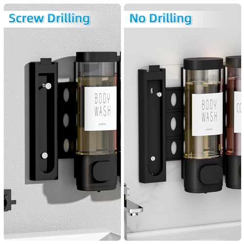 VITVITI Shampoo and Conditioner Dispenser for Shower Wall, Shower Soap Dispenser 3 Chamber No Drill Wall Mounted, 10.2 OZ Plastic Refillable Shower/Body Wash Bottles for Bathroom (Black) - Image 5