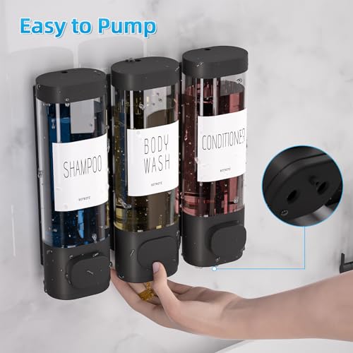 VITVITI Shampoo and Conditioner Dispenser for Shower Wall, Shower Soap Dispenser 3 Chamber No Drill Wall Mounted, 10.2 OZ Plastic Refillable Shower/Body Wash Bottles for Bathroom (Black) - Image 3