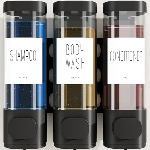 VITVITI Shampoo and Conditioner Dispenser for Shower Wall, Shower Soap Dispenser 3 Chamber No Drill Wall Mounted, 10.2 OZ Plastic Refillable Shower/Body Wash Bottles for Bathroom (Black) - Image 1