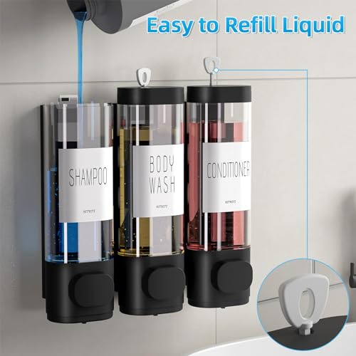 VITVITI Shampoo and Conditioner Dispenser for Shower Wall, Shower Soap Dispenser 3 Chamber No Drill Wall Mounted, 10.2 OZ Plastic Refillable Shower/Body Wash Bottles for Bathroom (Black) - Image 2