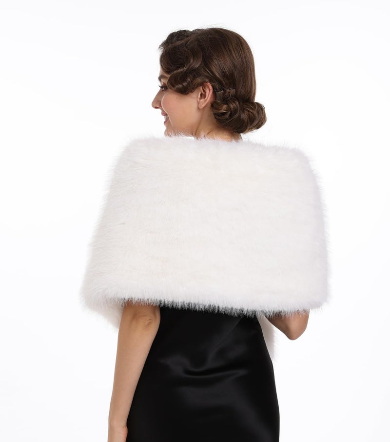 SAFERIN Women Luxurious Large Winter Faux Fur Scarf Wrap Collar Shrug for Lady Poncho Wedding Dinner Party (Shawl-Soild white) - Image 2