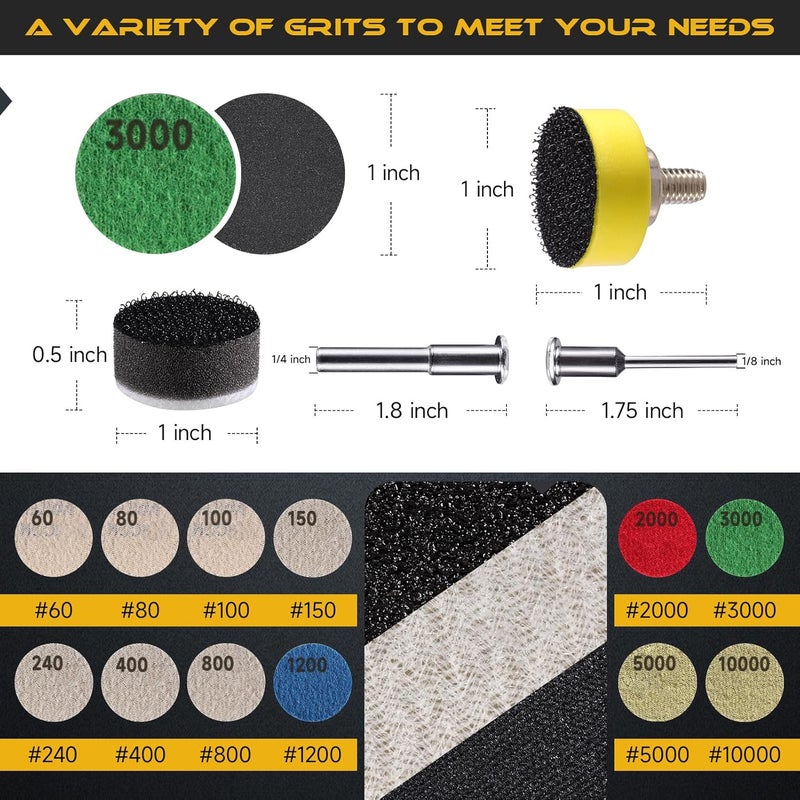 GOH DODD 185 PCS 1 Inch Sanding Disc, Hook and Loop 60 to 10000 Grit Wet Dry Sandpaper Sand Paper with 1/8" 1/4" Shank, Backing Pad, Foam Sanding Pads for Auto Metal Glass Resin Wood Sanding - Image 2