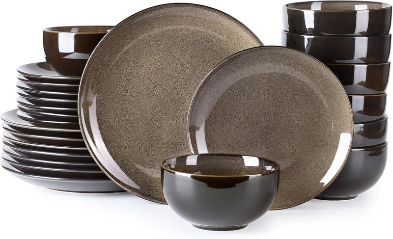 LERATIO Ceramic Dinnerware Sets for 8Stoneware Plates and Bowls SetsHandmade Reactive Glaze Dishes SetChip Resistant and Scratch Resistant  OvenDishwasher  Microwave SafeChestnut24PCS - Image 1