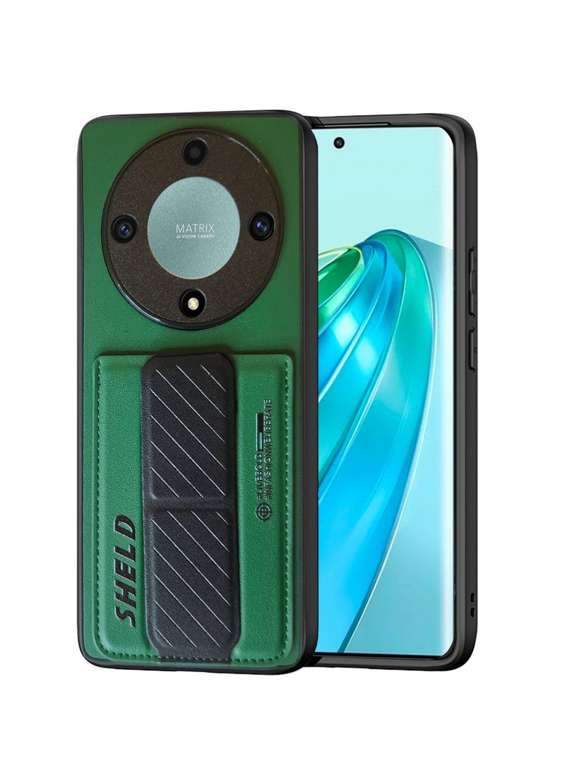 Techie Aesthetic Fashion Frosted Finished PU Leather Card Holder with Magnetic Secure Hand Grip Kickstand Back Cover Case for Honor X9A – Green / Black  - Image 1