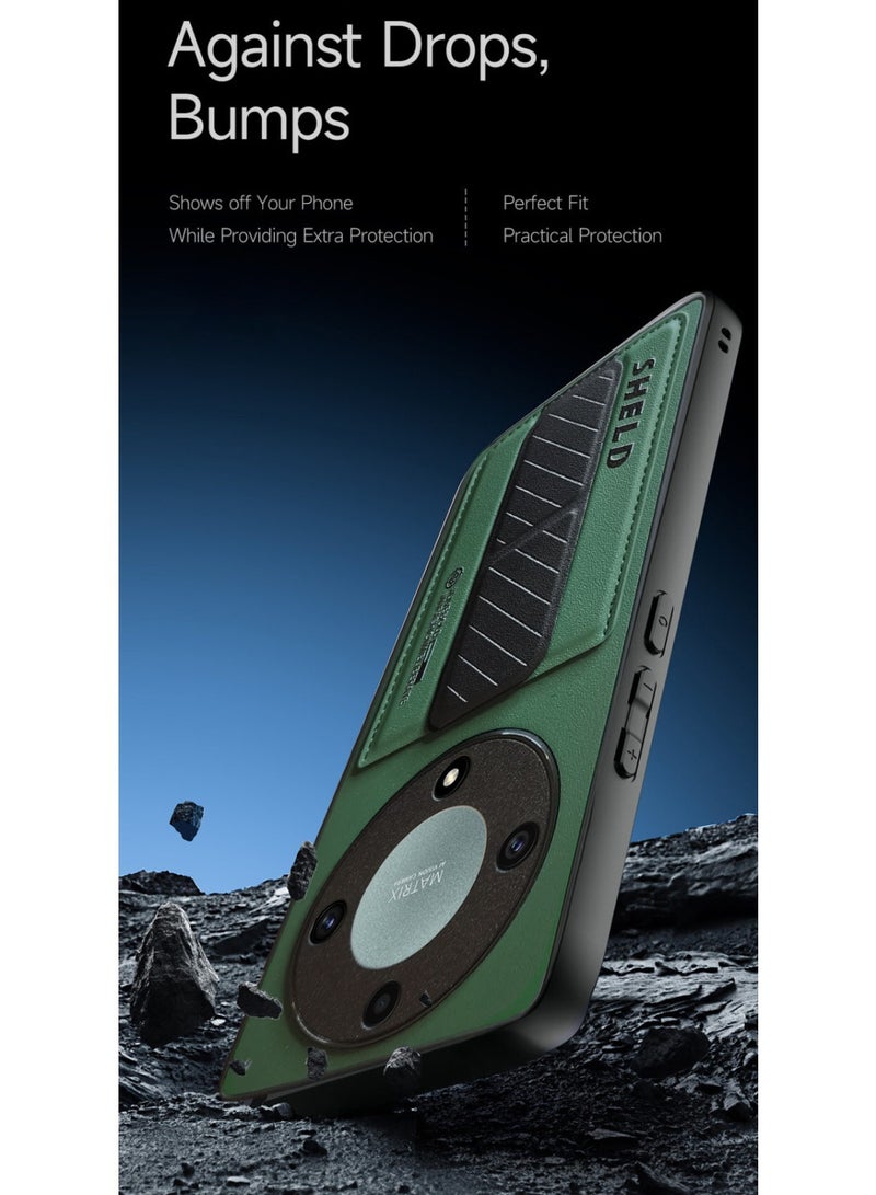 Techie Aesthetic Fashion Frosted Finished PU Leather Card Holder with Magnetic Secure Hand Grip Kickstand Back Cover Case for Honor X9A – Green / Black  - Image 4