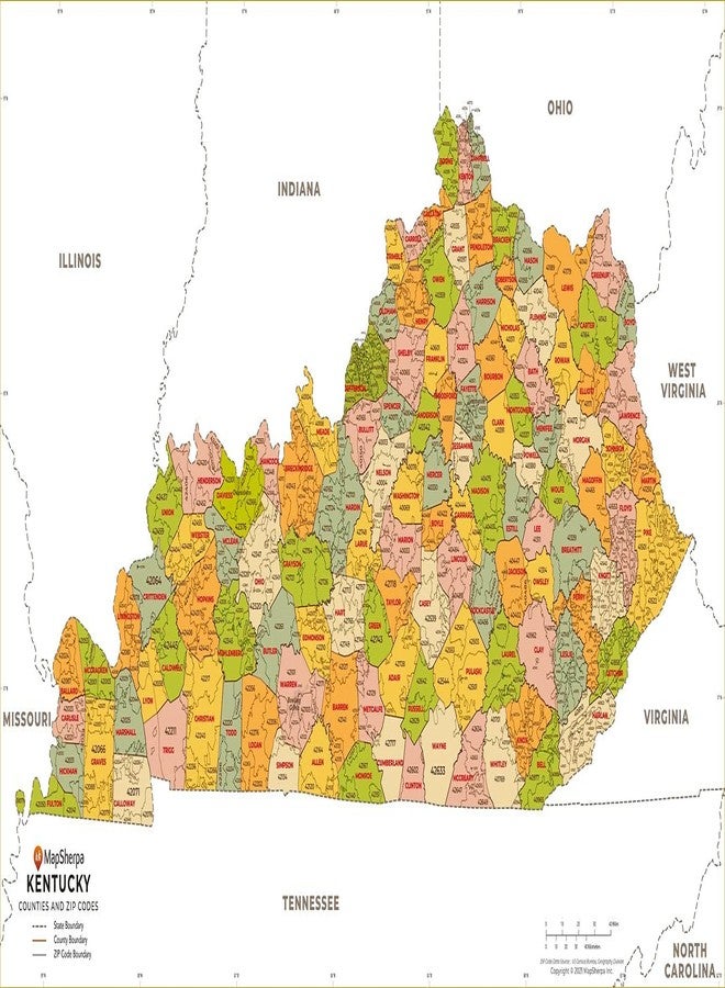 MapSherpa Kentucky ZIP Code Map with Counties - Standard - 36" x 20" Laminated - Image 1