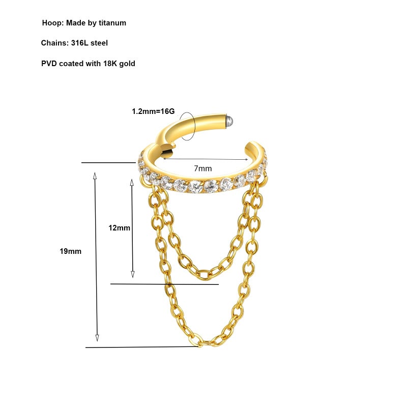 ENONTY 16G Titanium Cartilage Earrings Hoop 7mm 9mm Helix Piercing Jewelry with Single/Double/Triple Chains Hypoallergenic Hinged Clicker (new-gold 2 chains 7mm) - Image 2