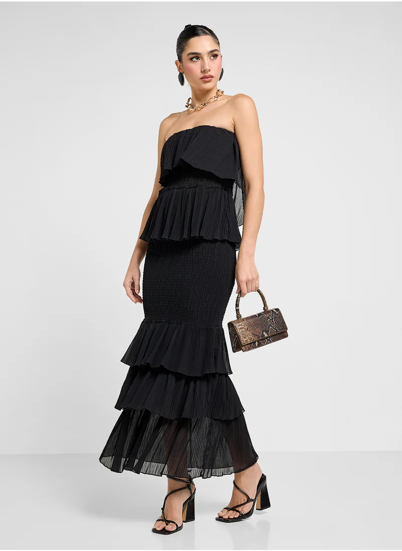Ginger Bandeau Shirred Ruffle Detail Maxi Dress