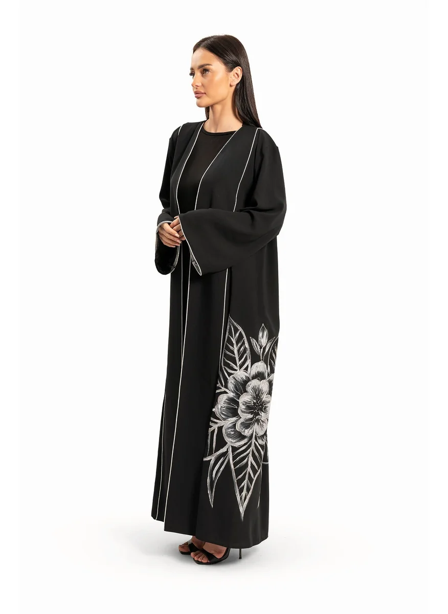 وي كرييت Women Black with White Floral Design Abaya By WECRE8