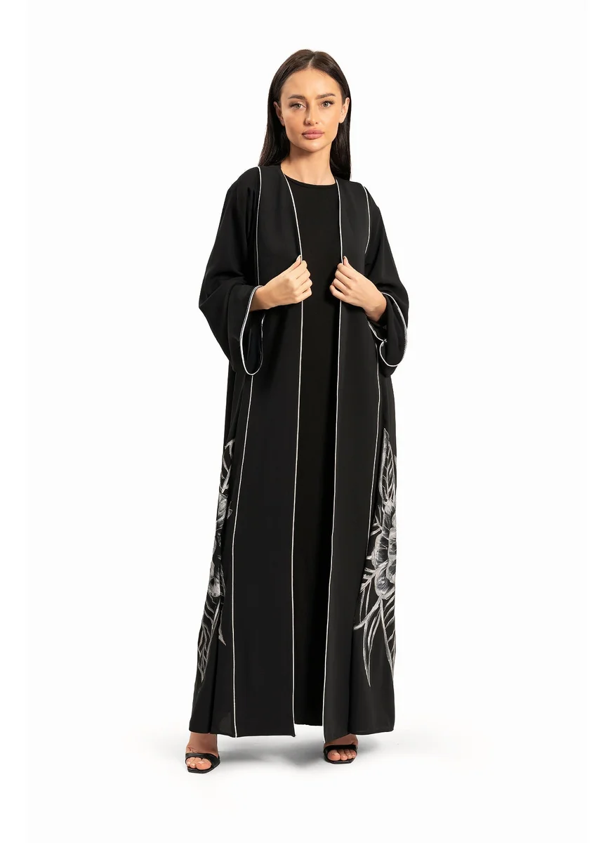 وي كرييت Women Black with White Floral Design Abaya By WECRE8