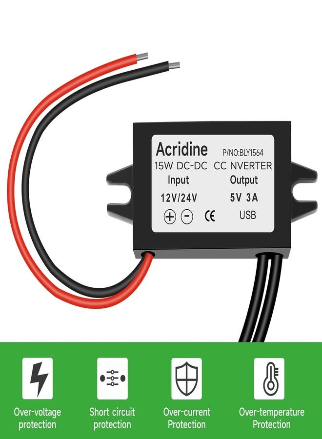 Acridine 2-Pack 12V 24V DC to 5V 3A USB Female DC Converter Adapter Buck Module - Image 4