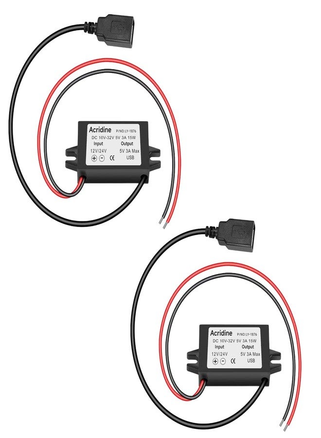Acridine 2-Pack 12V 24V DC to 5V 3A USB Female DC Converter Adapter Buck Module - Image 1