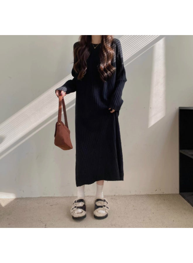 Black Plus Size Women Spring Autumn Lazy Style Long Dress, Over Knee Base Dress